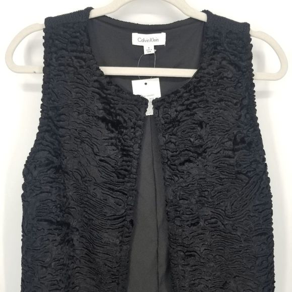 Calvin Klein Faux Fur Knit Vest S Open Front Long Length Black NEW - Picture 5 of 8